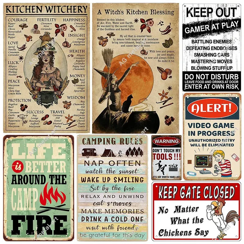 

Kitchen Witchery/Gamer At Play/Camping/Funny Warning Signs Retro Vintage Metal Plate Decoration Wall Decor Tin Metal Sign Poster
