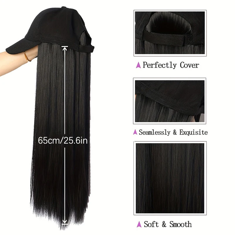 Fashion Black Baseball Cap With Wig One Piece Women Summer Synthetic Long Straight Hair Adjustable Hat Wig