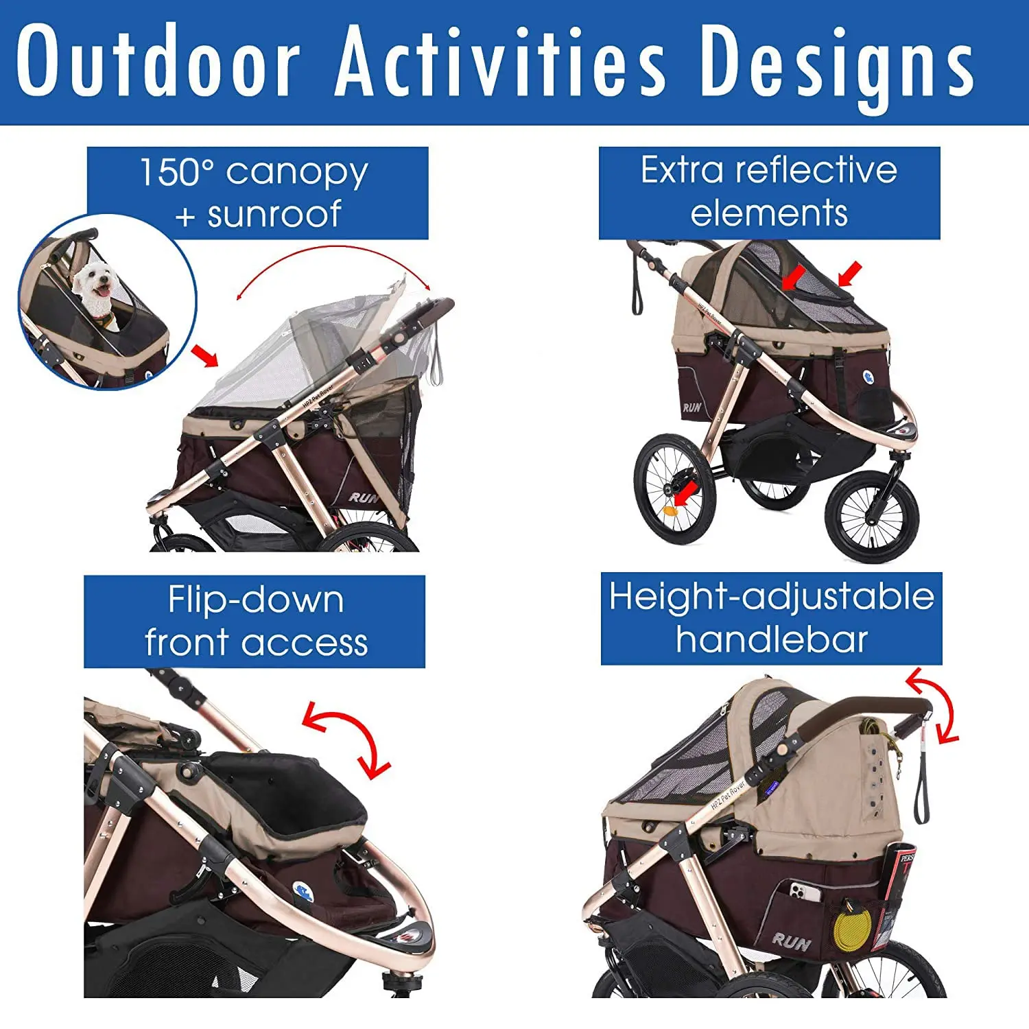 Pet Rover Run Performance Jogging Sports Stroller with Comfort Rubber Wheels/Zipper-Less Entry/1-Hand Quick Fold/Aluminum
