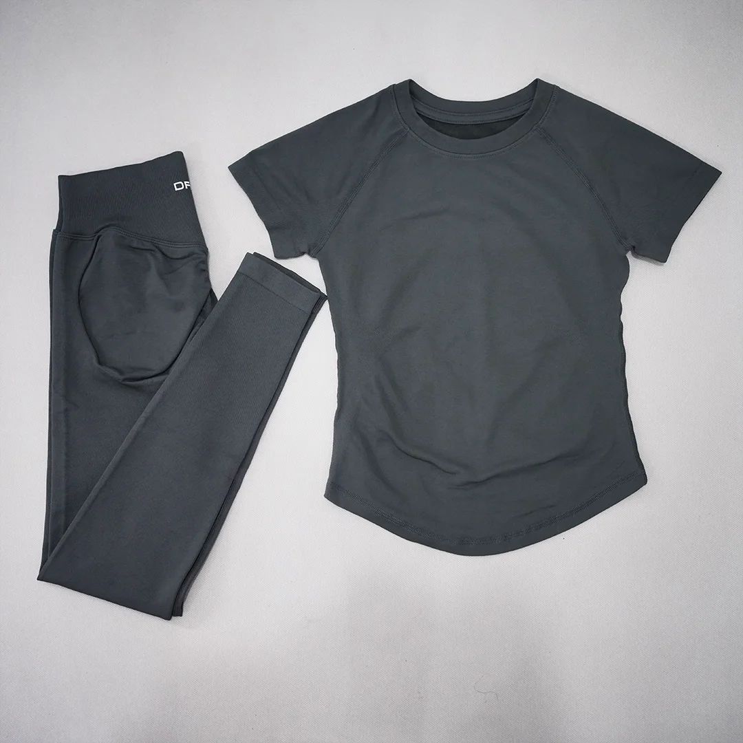 DF LOGO Ladies Seamless 2Pcs Yoga Set Short Sleeve Slim Top High Waist Leggings Quick Dry Breathable Gym Running Fitness Outfit
