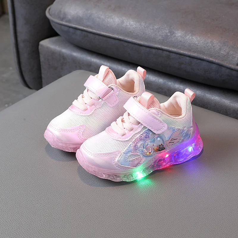 Spring Toddler Girls Led Luminous Sneakers Children's Casual Shoes Fashion Kids Mermaid Shoes Soft Soles Non Slip Pink Sneakers