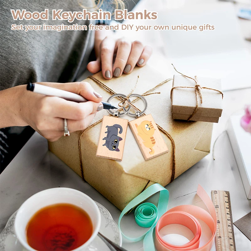 20Pcs Wooden Keychain Blanks Wood Key Chain Unfinished Wooden Key Tag Ring for DIY Gift Crafts