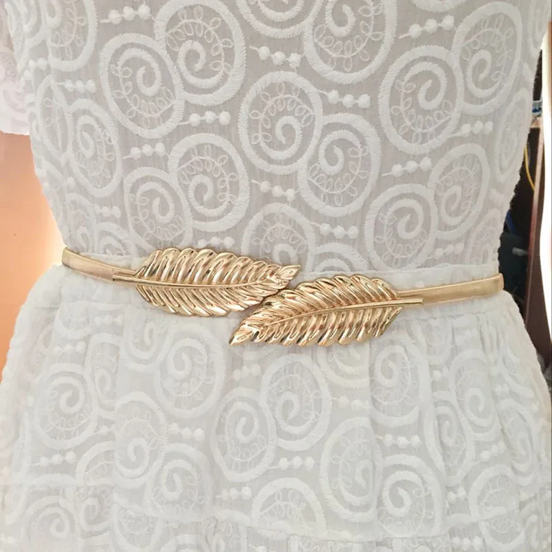 

Fashion Women Gold Silver Leaves Ladies Metal Waist Chain Elastic Belts Korean Stretch Skinny Waistband for Dress mujer