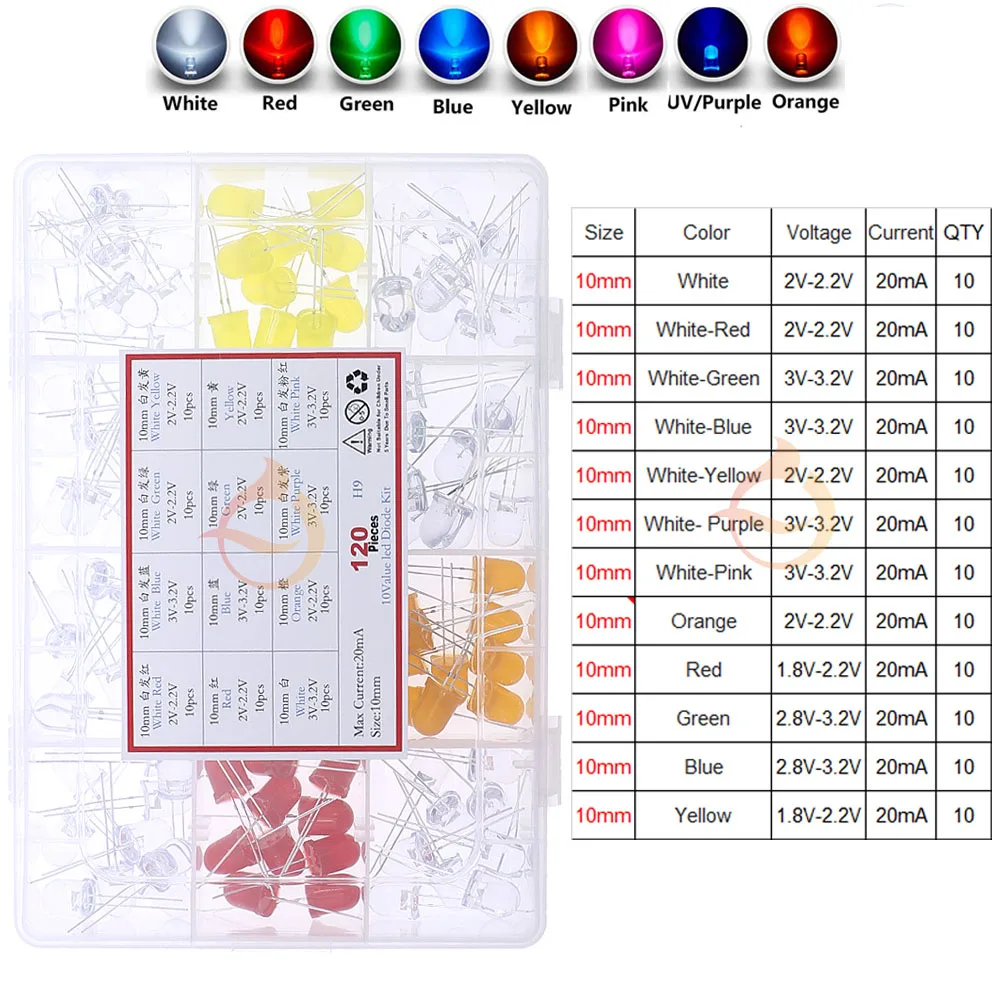 3mm 5mm 10mm LED 발광 다이오드 믹스 키트 RGB 따뜻한 흰색 녹색 빨간색 파란색 노란색 오렌지 핑크 보라색 밀짚 모자 LED 피라냐