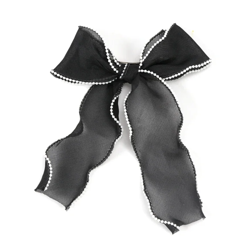 Women Korean Pearl Streamer Bows Hair Clip Ponytail Hairpin Duckbill Clip Pearl Chiffon Bowknot Hair Grips Barrettes Headdress