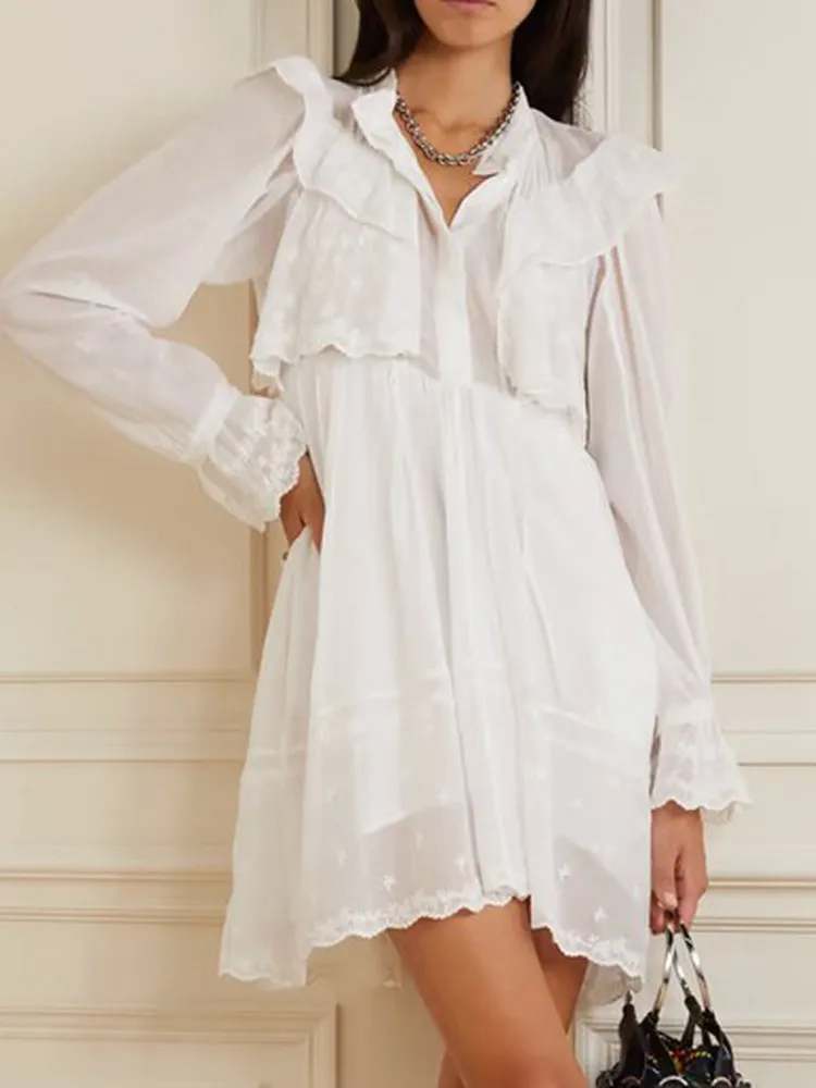 

Мини-платье женское с вышивкой и оборками, весеннее белое милое платье с длинным рукавом и воротником-стойкой, 2023