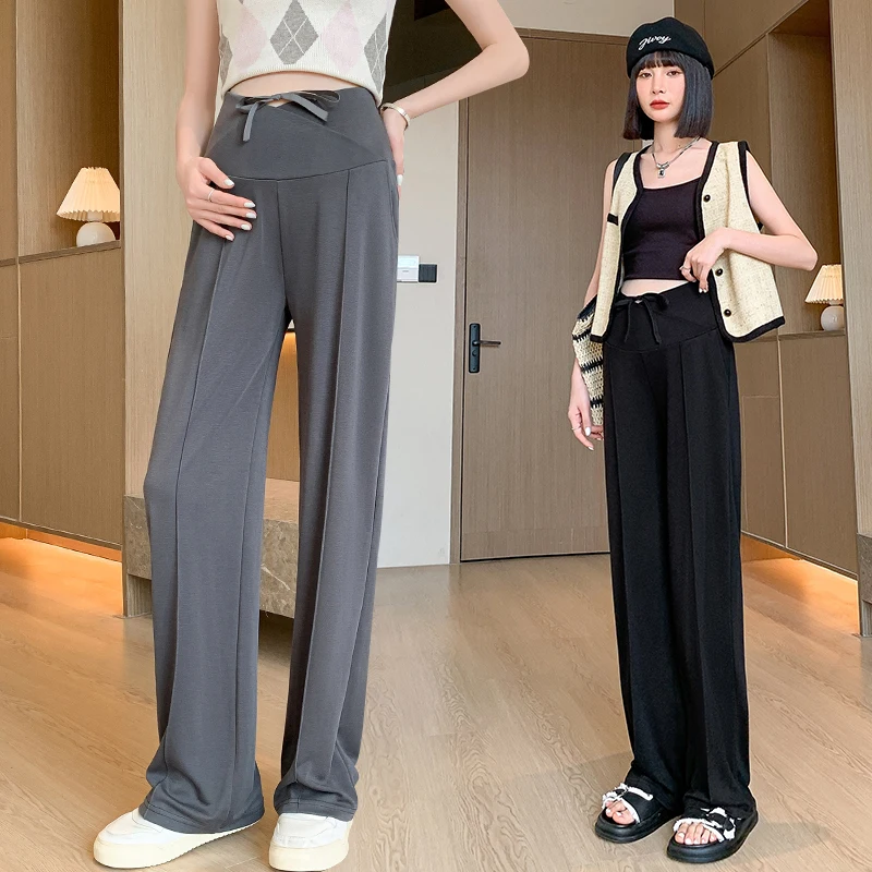Korean Style Summer Maternity Formal Trousers Loose Casual Pregnant Woman Straight Pants Low Waist Drawstring Pregnancy Pants 3