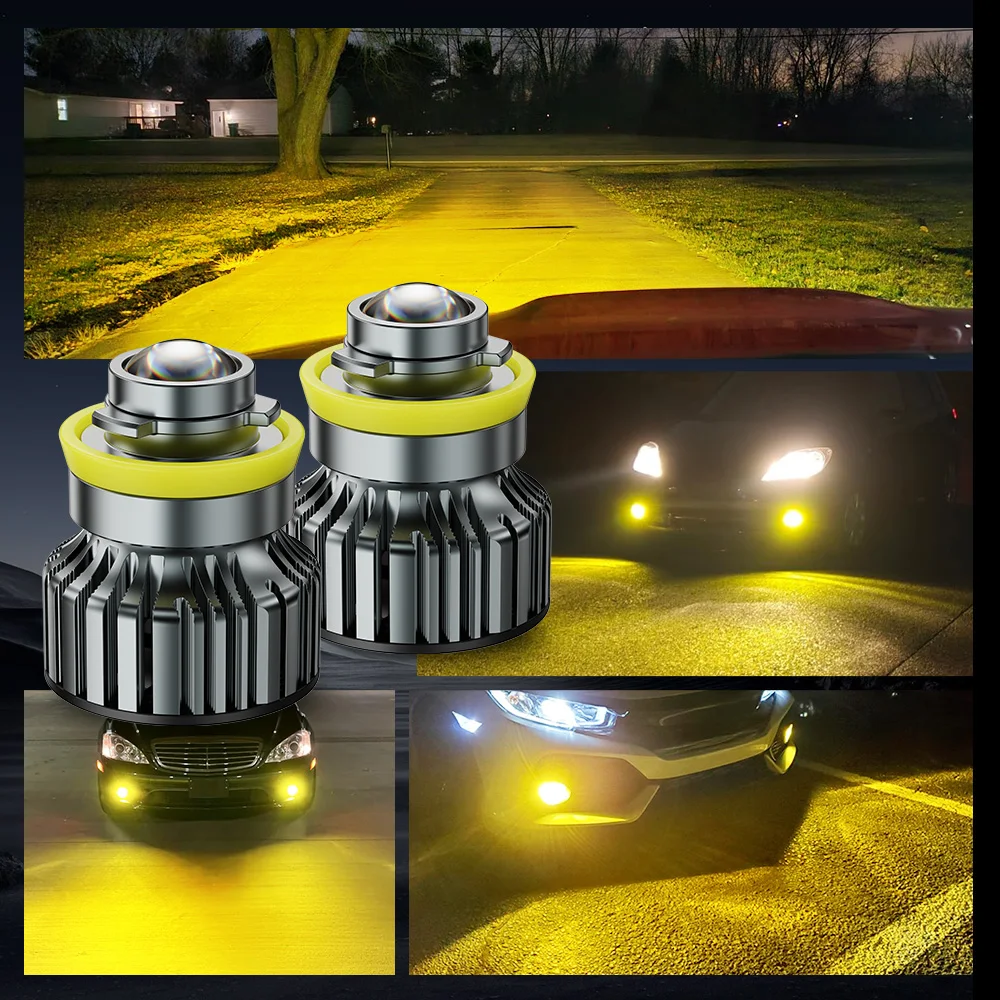 AUXITO 2개입 H8 H9 H11 LED 캔버스 차량용 CSP LED 안개등 전구 프로젝터 렌즈 6500K 백색 3000K 황색 터보 안개등 주간 주행등