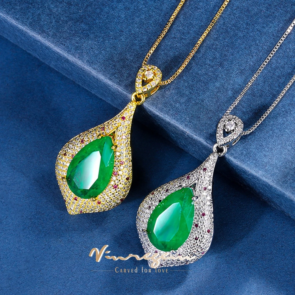 

Vinregem 13*18MM Lab Created Emerald Gemstone 18K Gold Plated Pendant Necklace for Women Anniversary Gift Fine Jewelry Wholesale