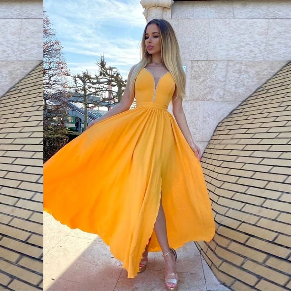 

5Noble Prom V Neckline Gown Spaghetti Strap Club Sleeveless Cocktail Formal Party Lady Floor Length Evening Dress