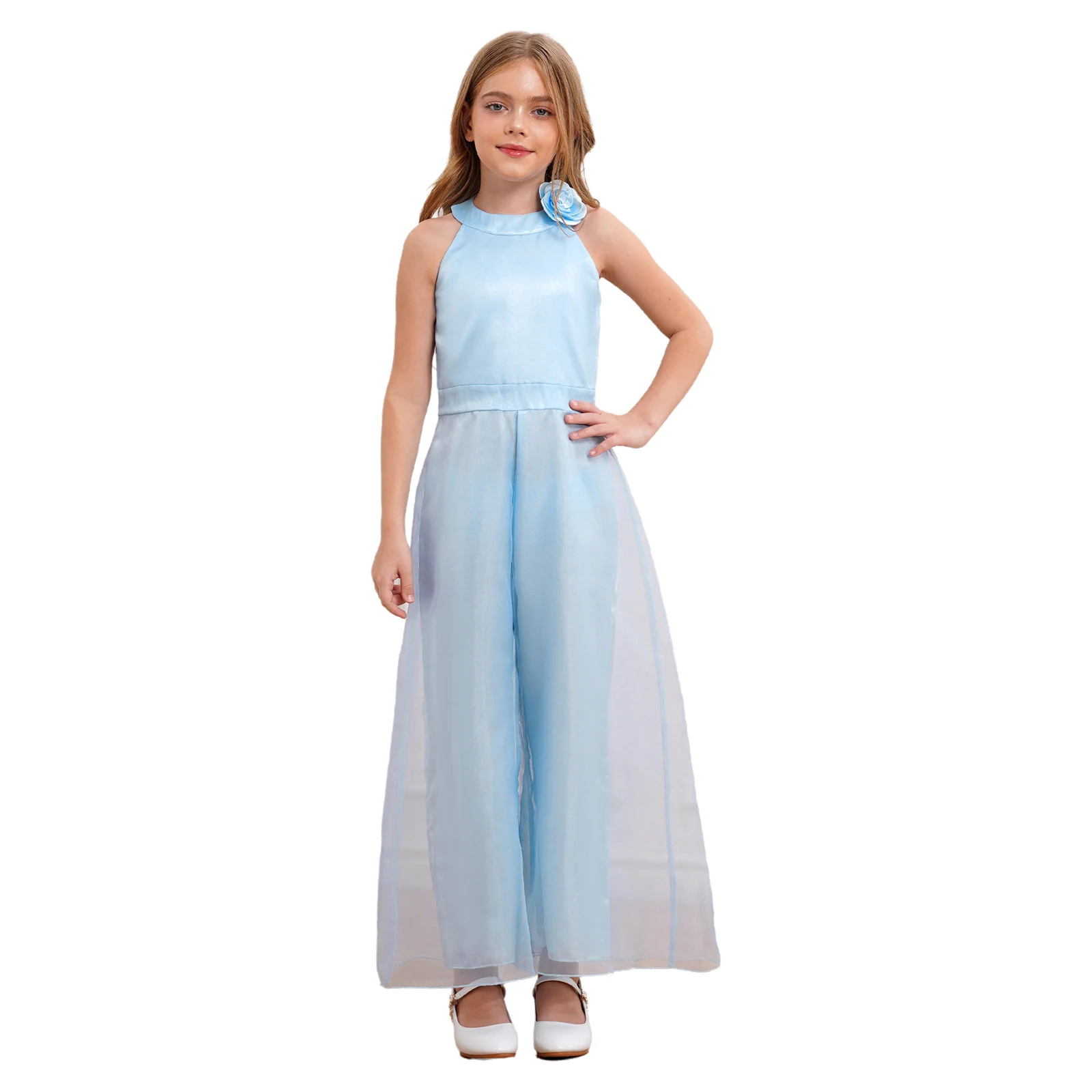 Kinder Mädchen Elegante Party Blume Brosche Strampler Abend Hochzeit Geburtstag Body Neckholder Ärmellose Breite Bein Hosen Overall – Detail 3