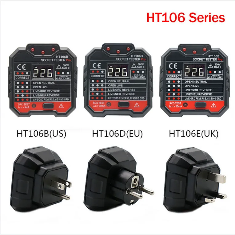 

U50 EU UK US HT106B HT106D HT106E Socket Tester Voltage Test Socket Detector Plug Ground Zero Line Plug Polarity Phase Check