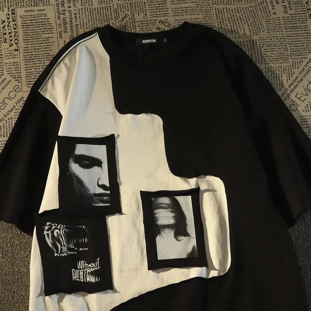 

Oversize Short Sleeve T-shirt Men's and Women's American High Street Portrait Patch New Summer European Couple Top