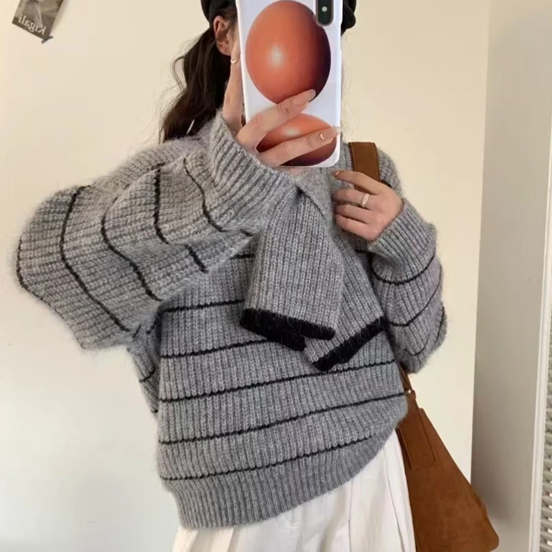 Autumn and Winter New Fashion Women's Clothing with Scarf Women's Long-sleeved Striped Sweater Casual Office Top Knitwear