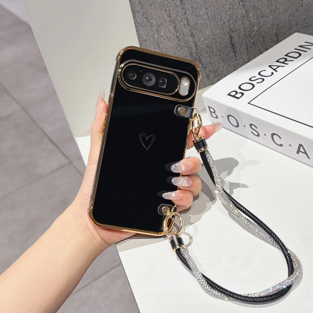 Enhanced Plating Hollow Love Phone Case with Lanyard and Wrist Strap - Shockproof Protection