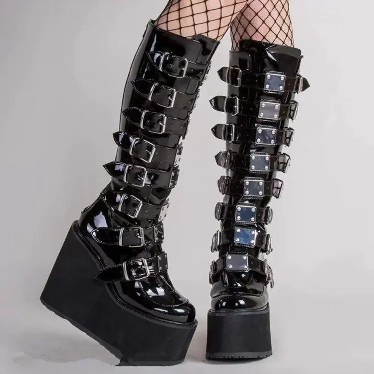 

Женские ботинки для косплея, высокие ботинки, удобные длинные кожаные ботинки-трубки, Черная Женская обувь на высокой танкетке на платформе в готическом стиле, 2024