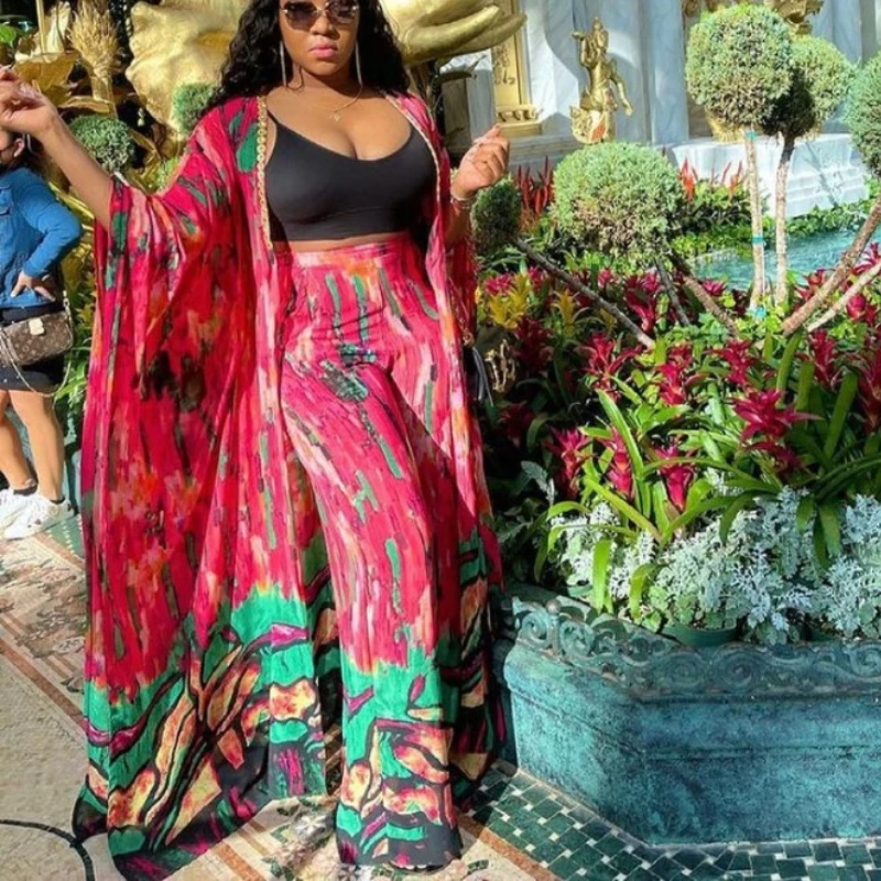 Summer Chiffon Pants Sets for African Ladies Printed Loose