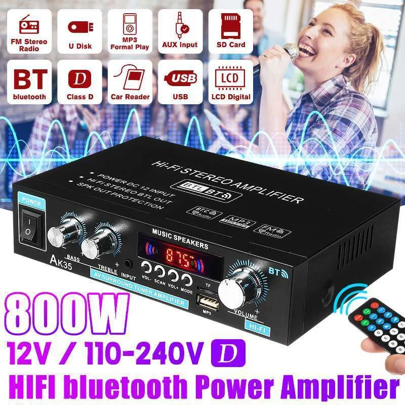 

AK35 800W Home Car Power Amplifiers 2 Channel Bluetooth 5.0 Surround Sound FM USB Remote Control Mini HIFI Digital Stereo Amp