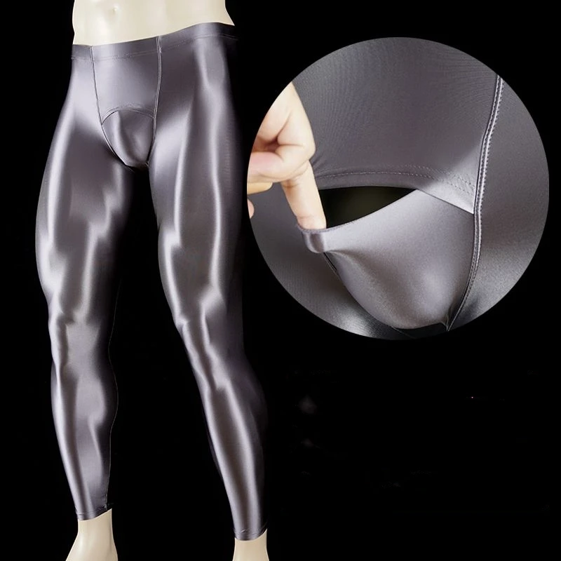 Glossy Men's Sexy Open Crotch Tight Yoga Leggings Satin Training Sports Pants Trousers