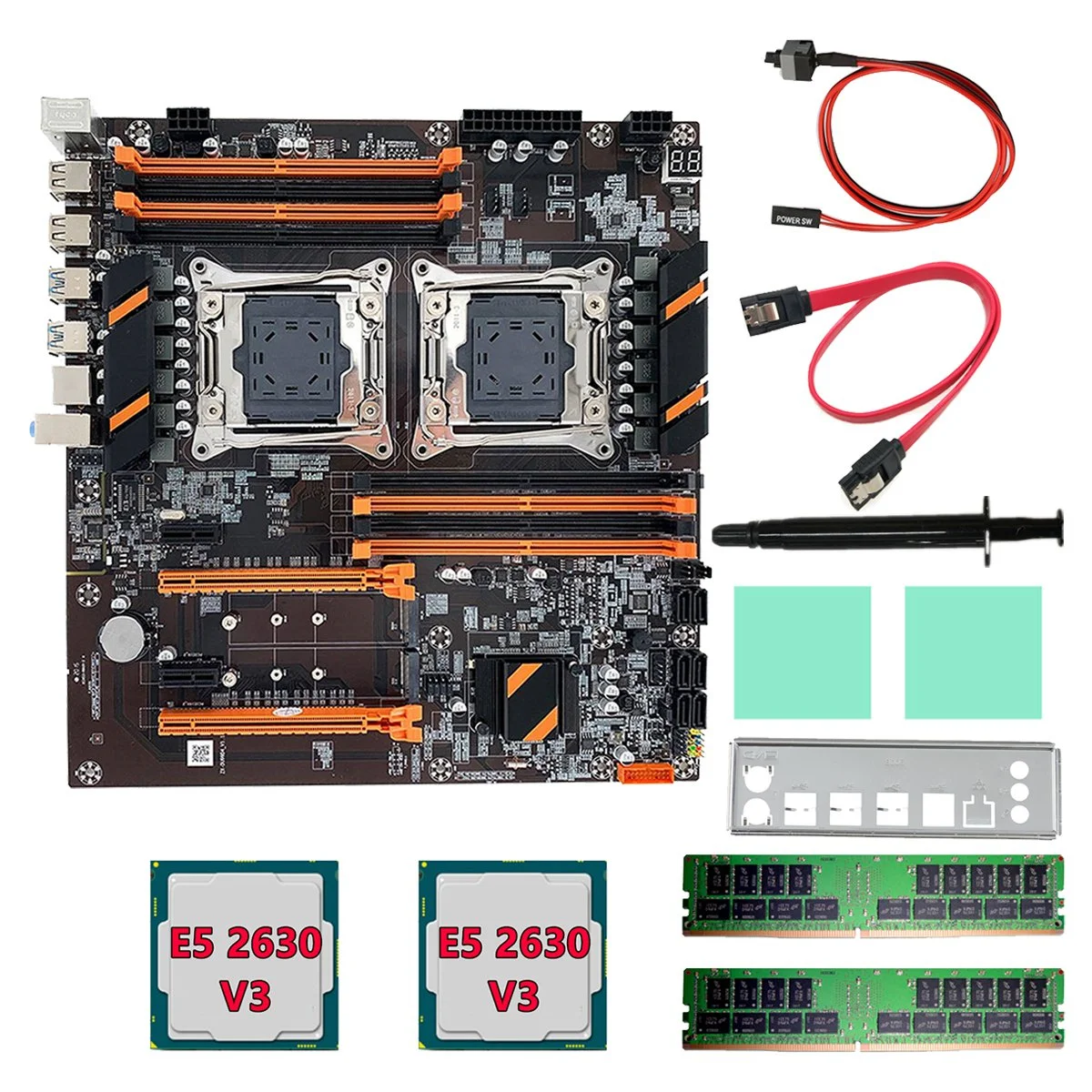 

X99 Dual CPU Motherboard+2XE5 2630 V3 CPU+2XDDR4 4G RECC RAM+SATA Cable+Baffle LGA 2011 8XDDR4 Slot Support 2011-V3 CPU