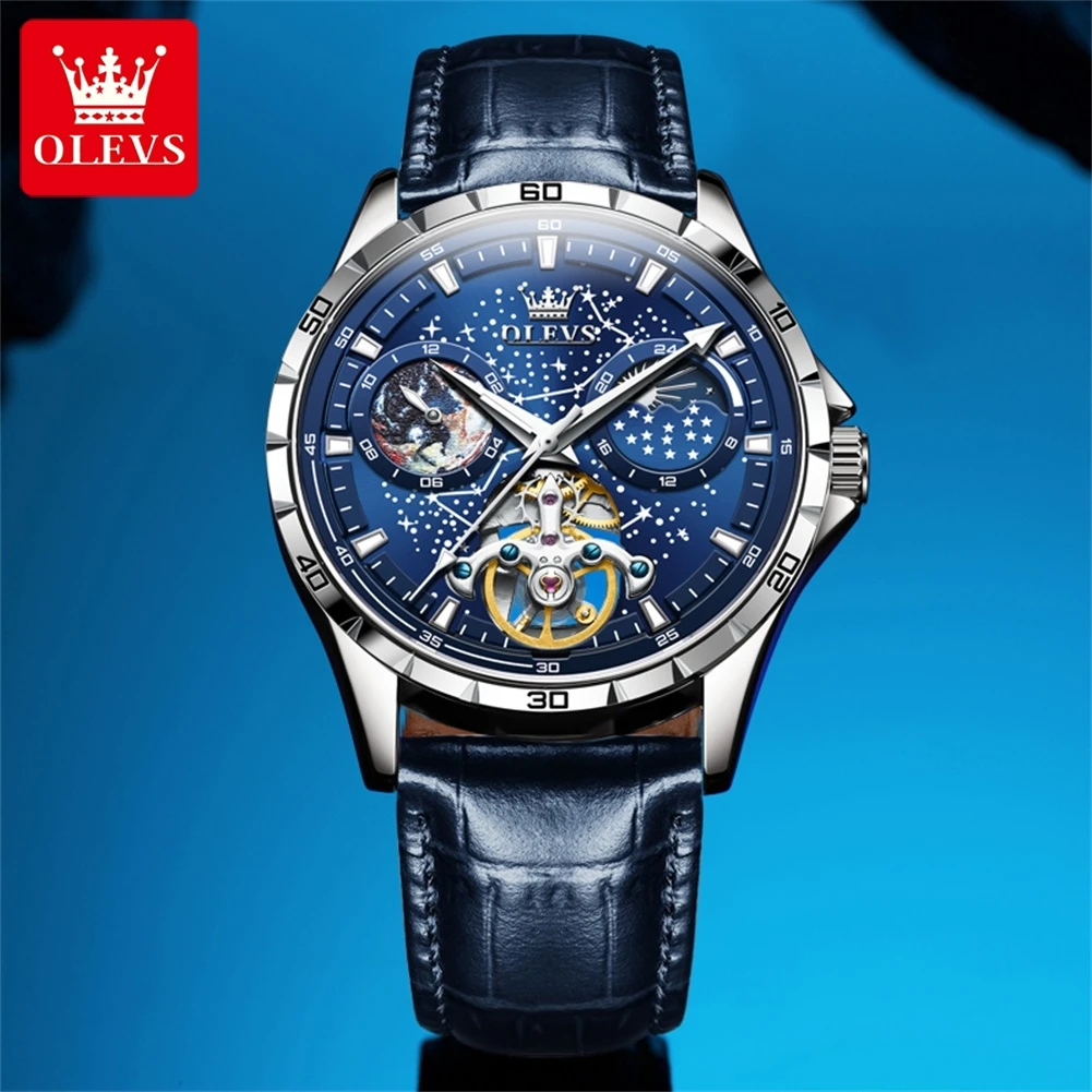 OLEVS New Fashion Starry Sky Dial Mechanical Watch for Men Leather Strap Waterproof Moon Phase Automatic Tourbillon Watches Mens