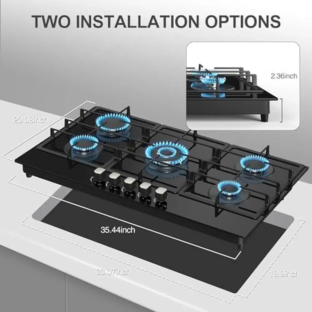 36" 5 Burner Gas Cooktop Built-in Stove Top Tempered Glass Panel NG/LPG Auto Ignition Hob Universal Nozzle Stainless Steel 4