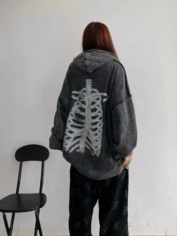 Deeptown Gothic Streetwear Skeleton Print Oversize Grey Hoddie Women Punk Harajuku Vintage Sweatshirt Female Mall Goth Tops