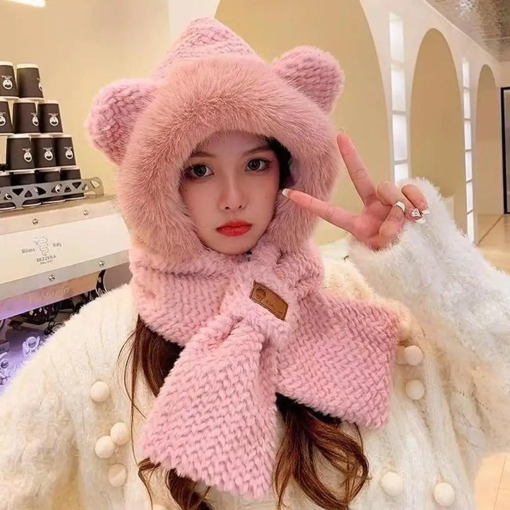 Lovely Beanie Hat Scarf Set Women Faux Fur Warm Winter Hat Children Parent Neck Circle Scarf Ski Snow Plush Bear Cap