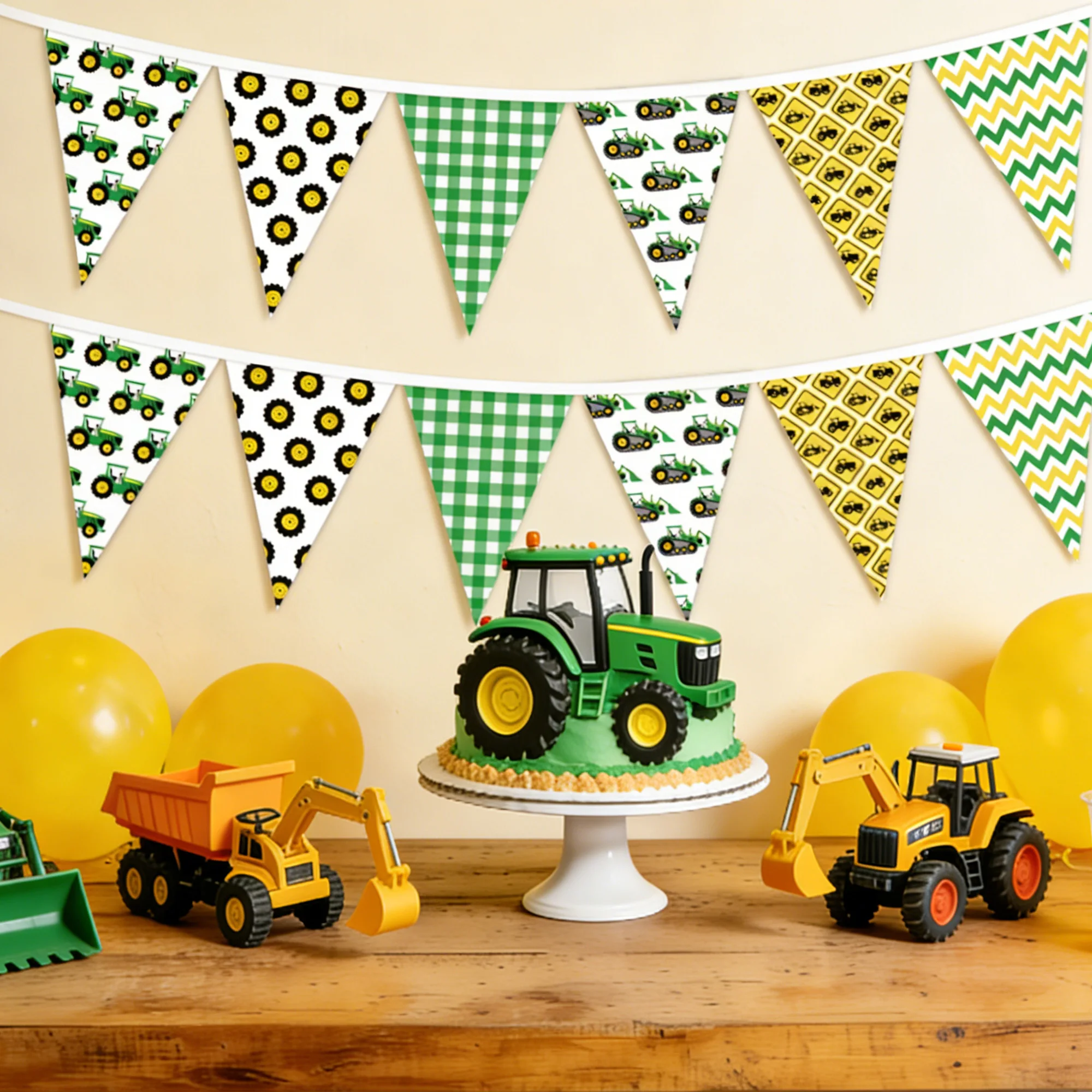 Green Tractor Decorations with Checkered and Triangular Flags for Celebrations & Events