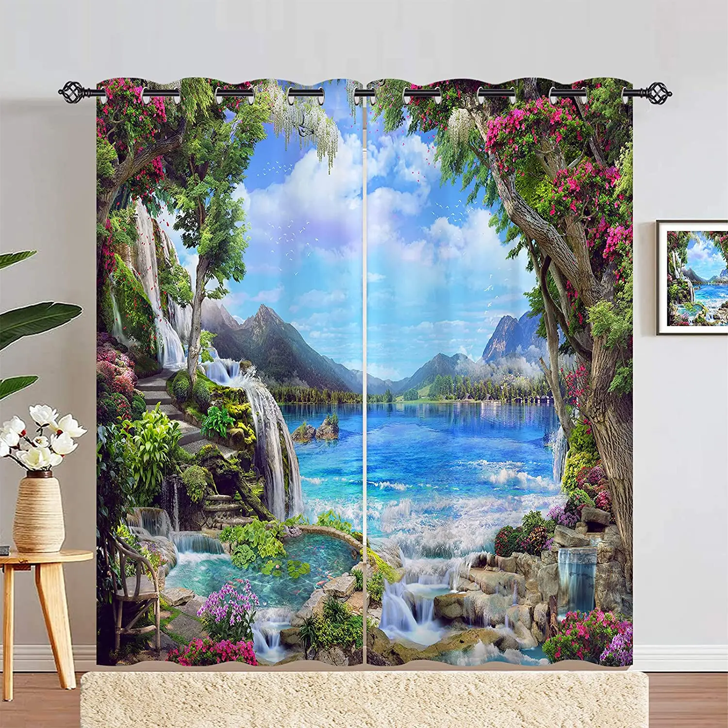 

Nature Landscape Scenery Curtains for Bedroom, Window Panels with Garden, Pink White Flowers, Waterfall Lake Scene Print Pattern