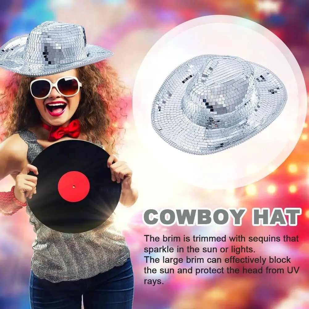 DiscoBallCowboyHatGlitterMirrorDiscoSequinsCowboyHatCapWith