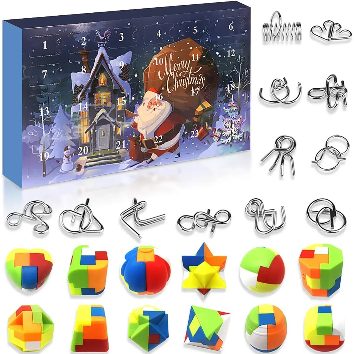 

24 Days Christmas Advent Calendar Box Metal Wire and Plastic Puzzles Countdown Calendar Decor Surprise Kid Christmas Advent Gift