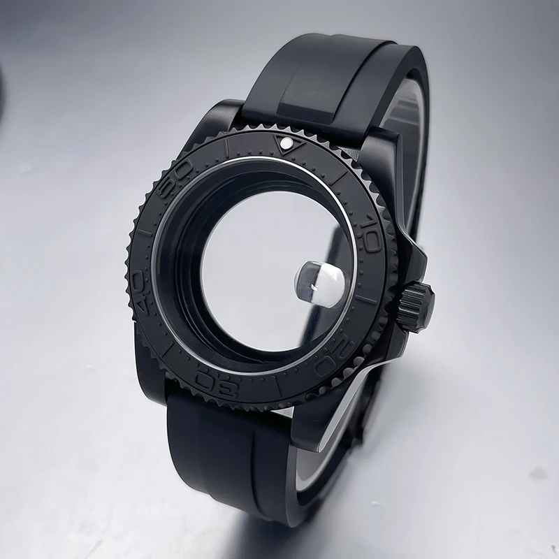 All-Black Sub Style Watch Case with Rubber Strap and Sapphire Crystal