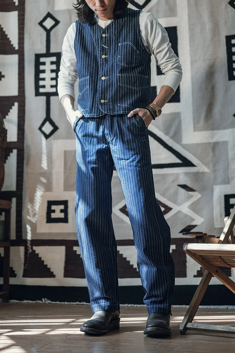 Non Stock 1930s Three-Pocket Wabash Work Vest Retro Men's Striped Sleeveless Jacket 6