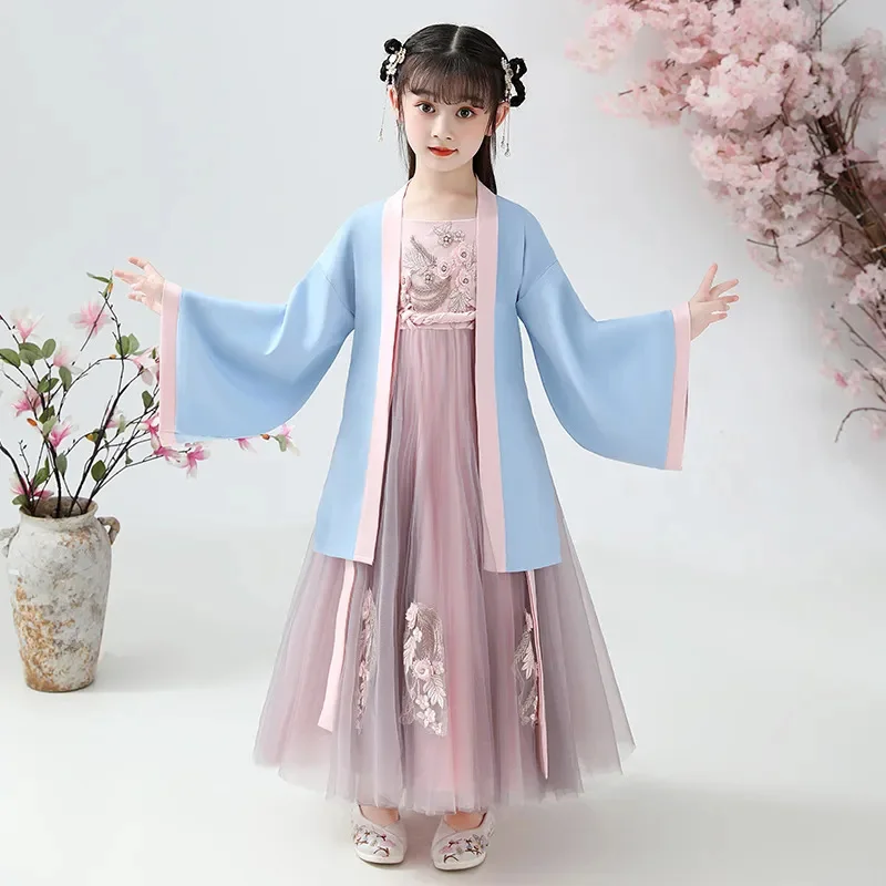 

2 Pieces Girls Hanfu Dress Set For Spring 2024 New Kids Clothes Tang Suit Chinese Style Embroidered Sleeveless Dresses & Shawl