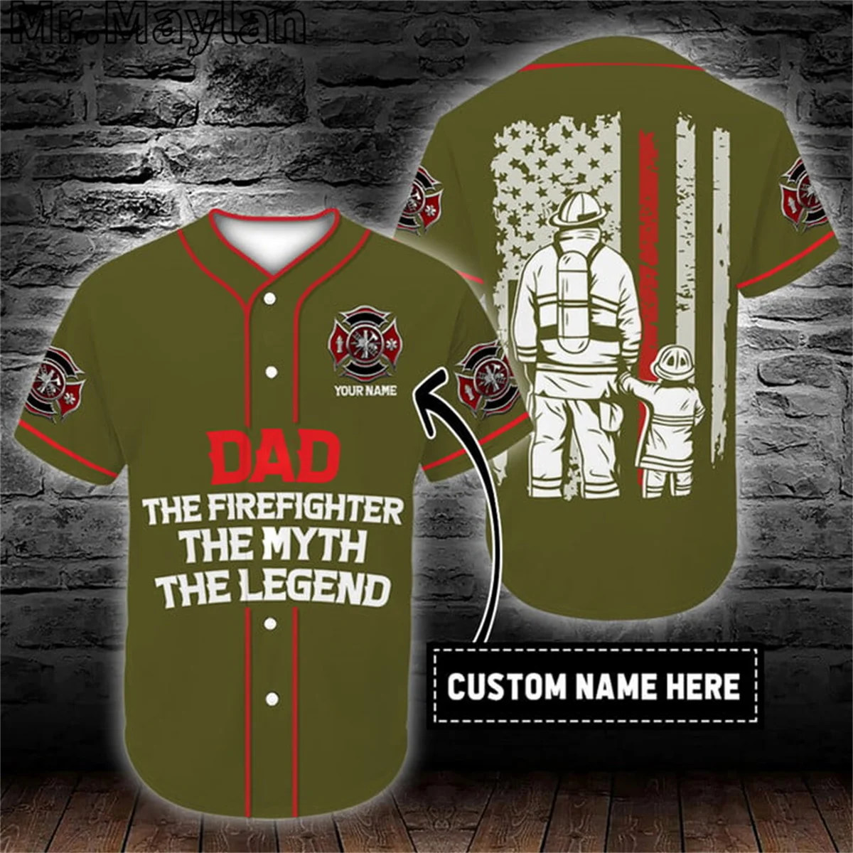 

Custom Name Firefighter Dad Hero Green Baseball Tee Jersey Shirt 3D Print Firefighting Men's Shirt Casual Shirts hip hop Tops-03