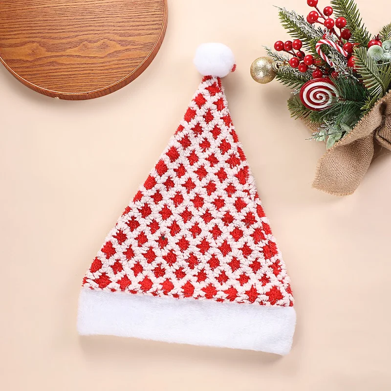 Knitted Grid Christmas Hat Santa Claus Xmas Adult Child Soft Beanie Santa Cap New Year Party Decoration ﻿