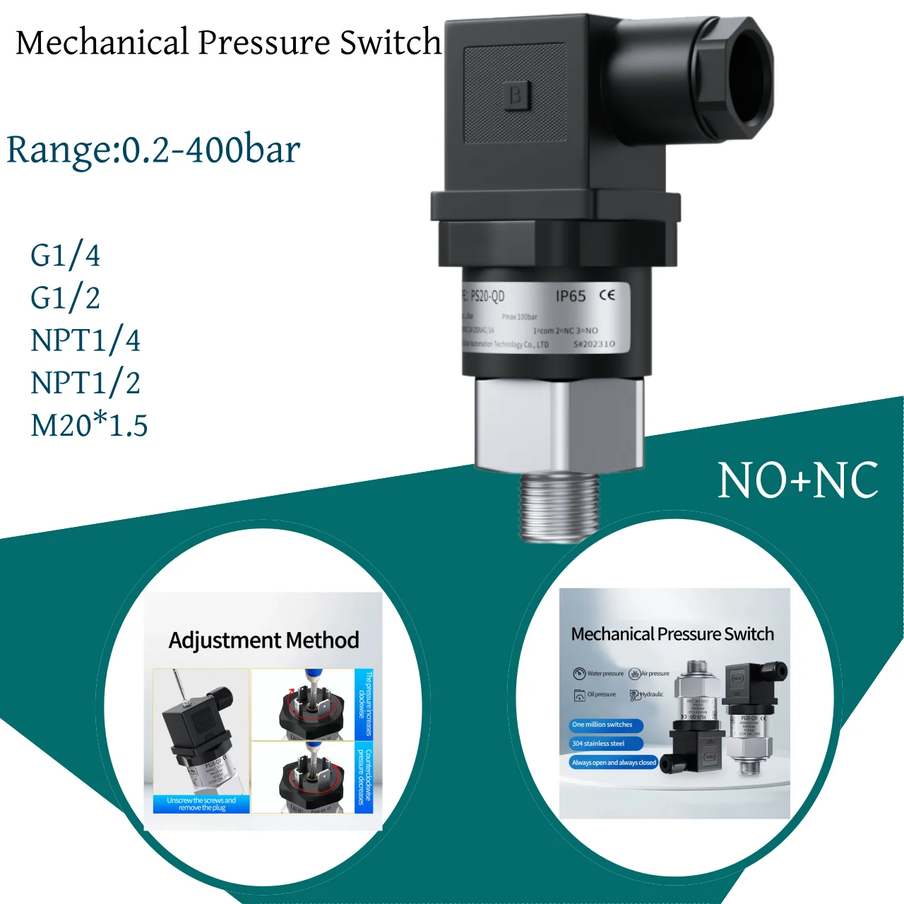 สวิตช์ความดันเครื่องกล 0.2-400bar 30bar สวิตช์ความดันเครื่องกลปั๊มน้ำแบบปรับได้น้ำมันไฮดรอลิกนิวเมติก 1