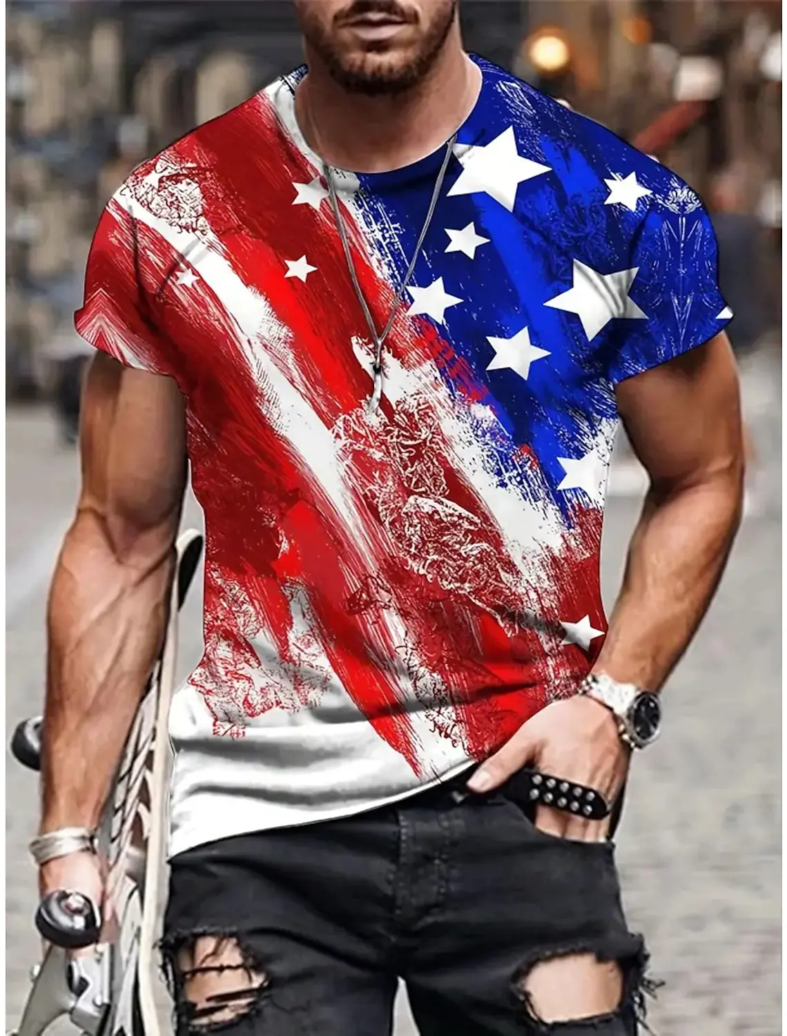 Europe and US Casual T-shirt Men's Cotton Round Collar T-shirt with 3D Tie-Dyed Helicopter Pattern