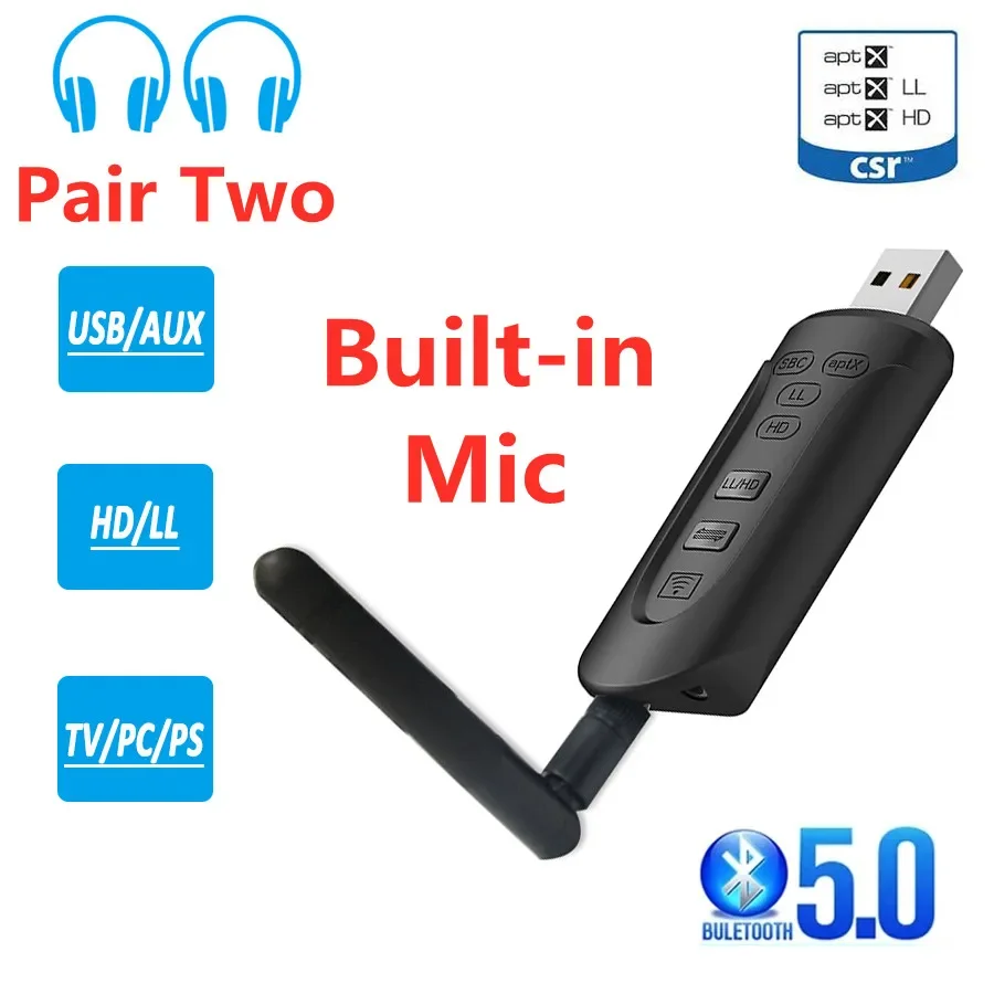 

Bluetooth 5.0 CSR8675 AptX HD Low Latency Audio Transmitter 3.5mm AUX USB Dongle Wireless Adapter & Mic for TV PC PS4 Headphones