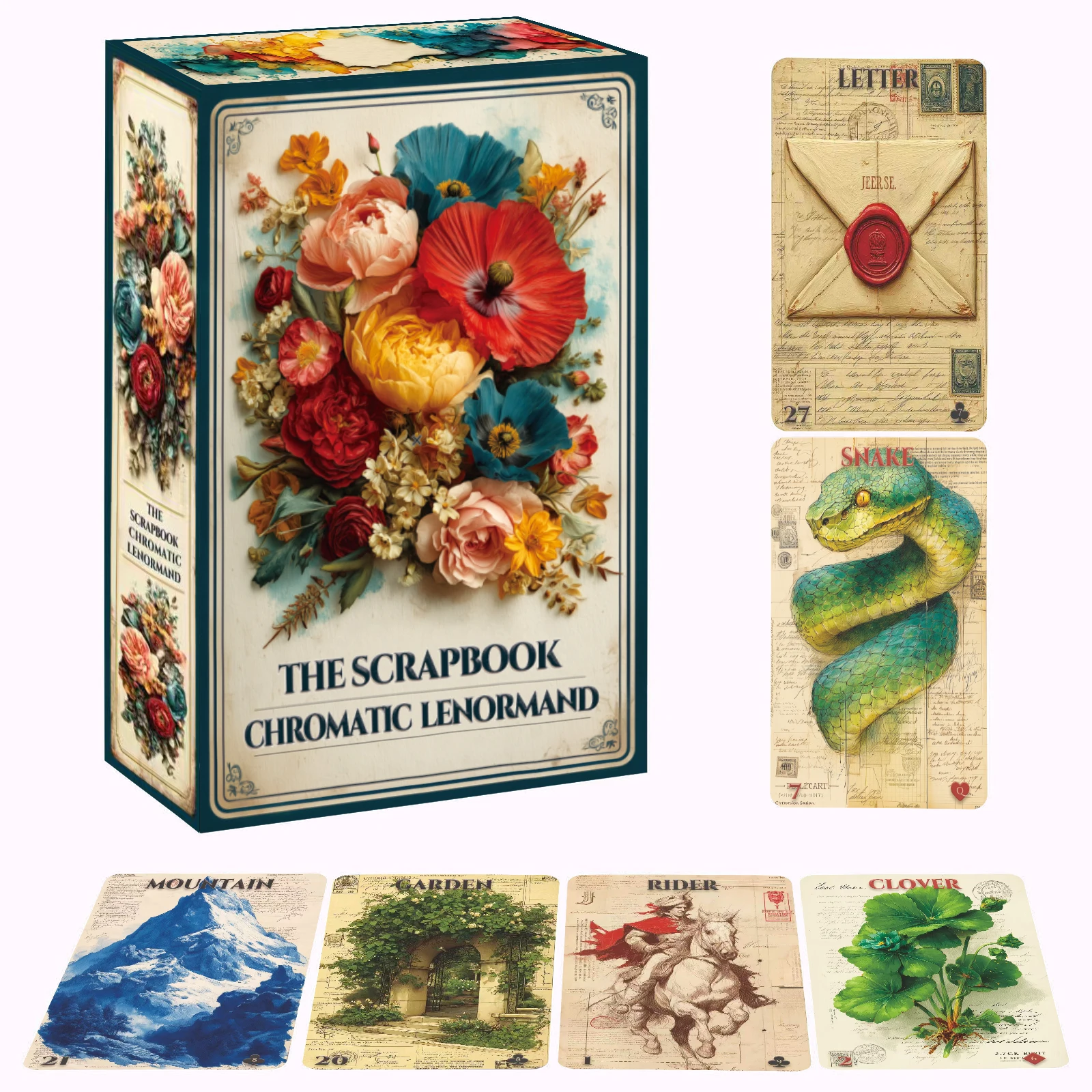 Scrapbook Chromatic Lenormand Deck–36 Card Vintage Inspired Oracle Cards, Beginner Friendly Tarot Alternative for Daily & Love