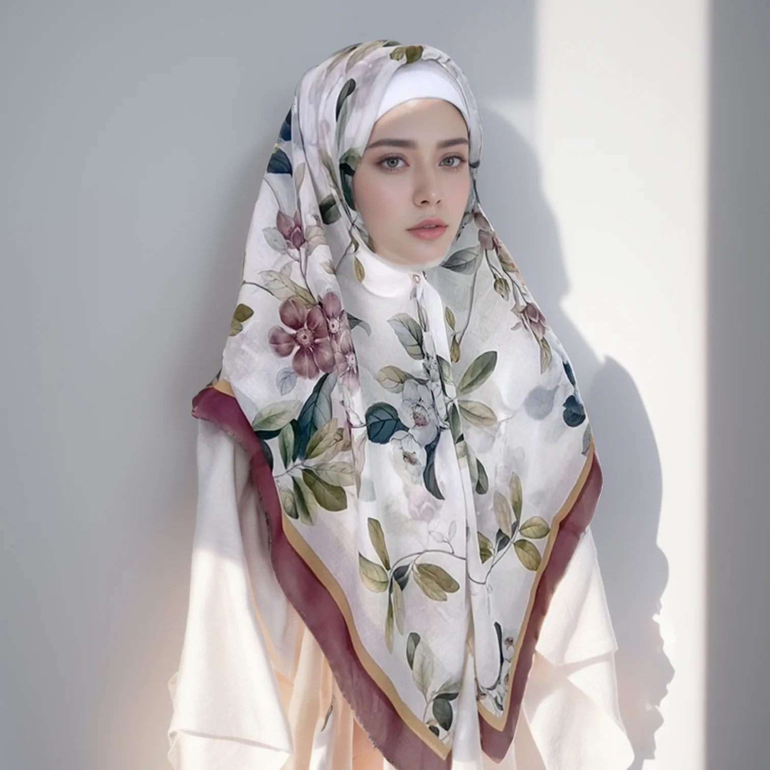 51Colors Malaysia Tudung Bawal Flower Print Hijab Laser Cut Edge Headscarf Premium Cotton Voile Soft Fashion Muslim Square Scarf 6