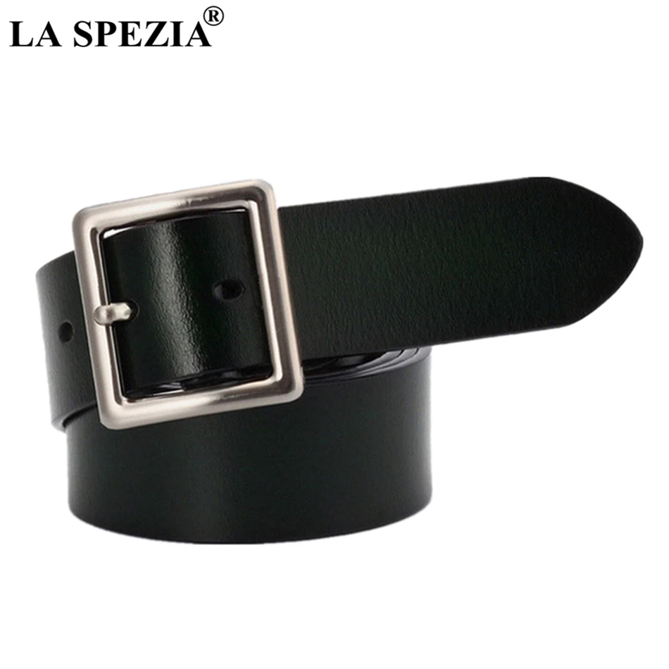 LA SPEZIA Women Leather Belts For Jeans Vintage Square Pin Buckle Belt Female Ink Green Genuine Leather Cowhide Accessories Belt