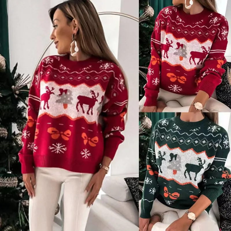 

Women Autumn Winter Christmas Sweater Ladies Knitted Jumper Pullover Women Sweater Snowflake Elk Print Sweaters and Pullovers