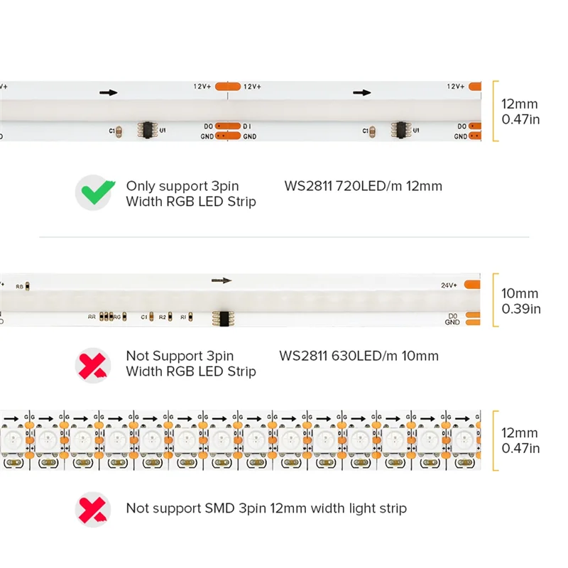 PHILE-24PCS COB RGBIC LED 스트립 용 3 핀 12Mm 투명 커버 커넥터 키트 와이어가있는 투명 갭리스 커넥터