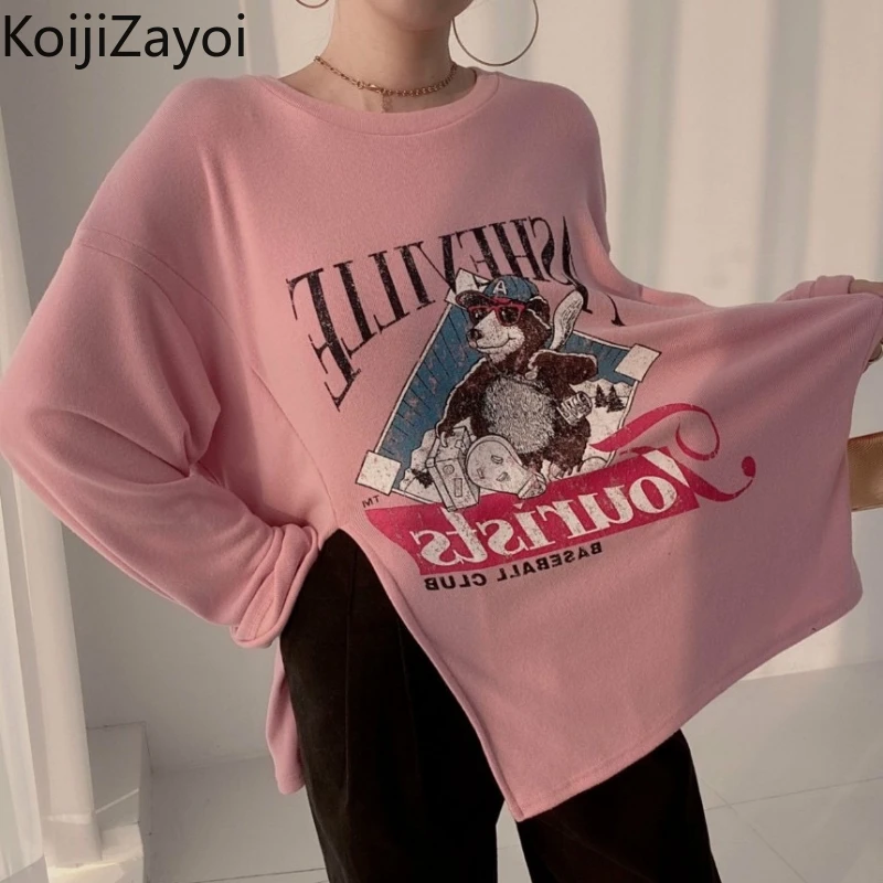 

Koijizayoi Women Cartoon Loose Tshirt Long Sleeves O Neck Side Split Tees Tops Kawaii Cute Spring Autumn T-shirts Casual Tops
