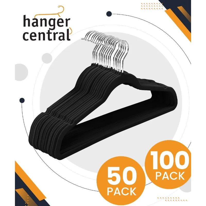 Hanger Central Velvet Heavy Weight Clothing Hanger, 50 Pack, Black