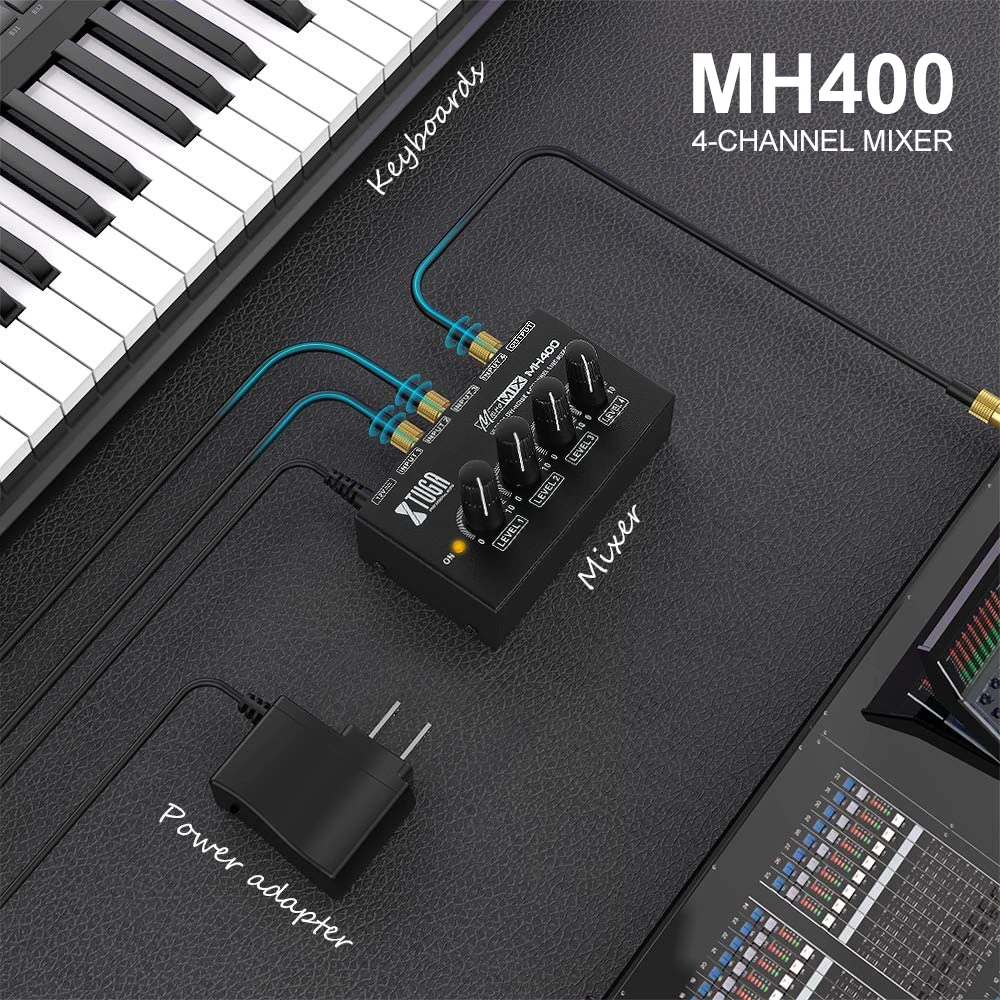 마이크로 사운드 믹서 MH400 초소형 저소음 4채널 오디오 인터페이스 키보드, 기타, 베이스 믹서, 악기용