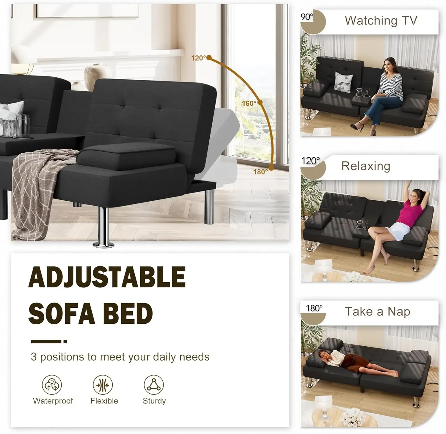 Modern Linen Upholstered Convertible Folding Futon Sofa Bed with Removable Armrests, Metal Legs, 2 Cup Holders for Living Room - Image 4