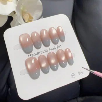 10PCS Glossy Blue Gradient French Handmade Press on Nails Simple Nude Pink Cat Eye Short Oval False Nails Wearable Nail Manicure